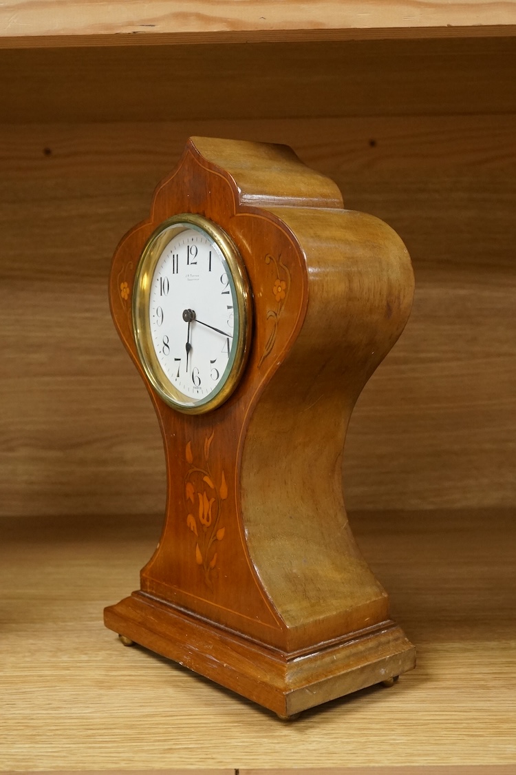 An Art Nouveau inlaid mantel timepiece, the dial inscribed J. H. Potter, Sheffield, 27cm high